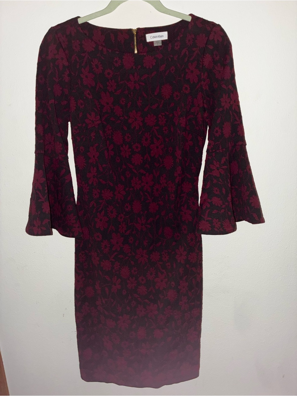 Calvin Klein Black and Burgundy Floral Bell-Sleeve Midi Dress